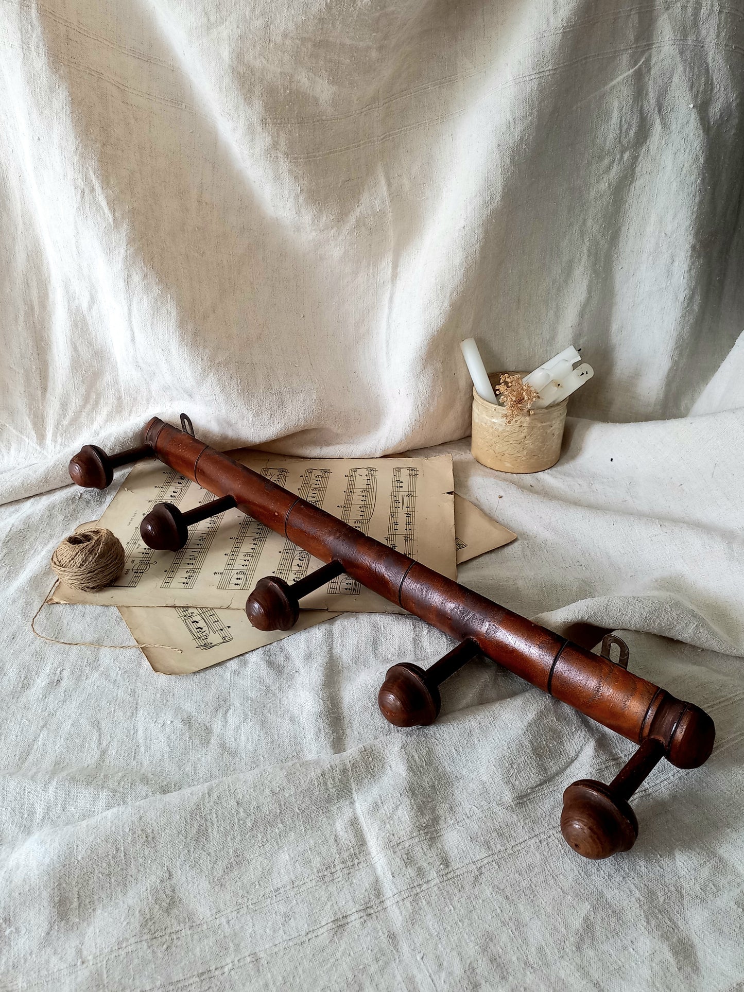 A French vintage faux bamboo wooden coat rack with 5 hanging hooks/pegs.