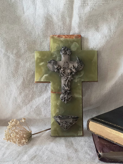 An absolutely beautiful French antique religious Holy water font, a highly decorative piece made from onyx with silver coloured Crucifix and water font with floral design in relief - to the rear is a brass plate with a hanging loop. These are getting much rarer to find these days, especially in this beautiful condition.