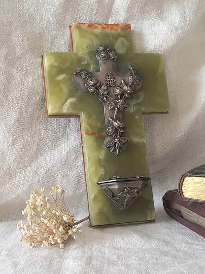 An absolutely beautiful French antique religious Holy water font, a highly decorative piece made from onyx with silver coloured Crucifix and water font with floral design in relief - to the rear is a brass plate with a hanging loop. These are getting much rarer to find these days, especially in this beautiful condition.