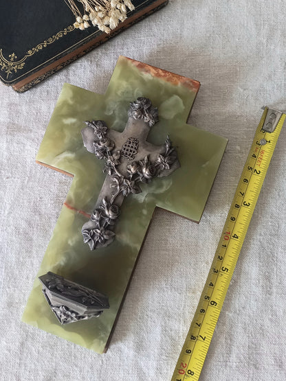 An absolutely beautiful French antique religious Holy water font, a highly decorative piece made from onyx with silver coloured Crucifix and water font with floral design in relief - to the rear is a brass plate with a hanging loop. These are getting much rarer to find these days, especially in this beautiful condition.