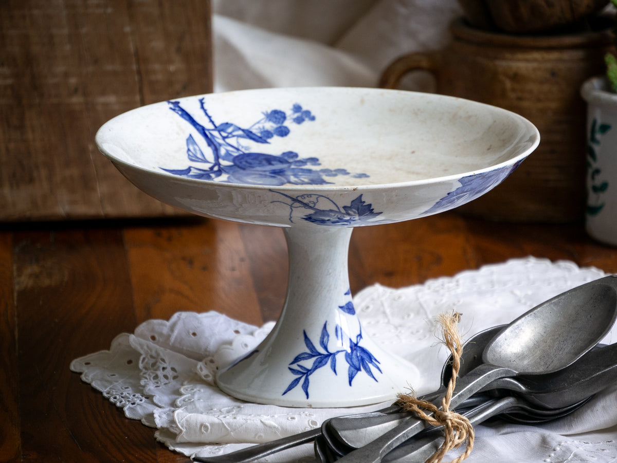 French Antique White Ironstone Compote Footed Dish with Blue Dragonfly & Floral Pattern