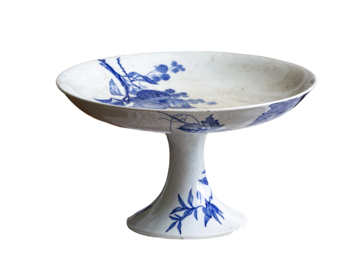 French Antique White Ironstone Compote Footed Dish with Blue Dragonfly & Floral Pattern