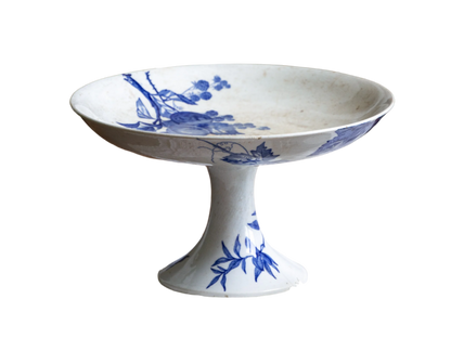 French Antique White Ironstone Compote Footed Dish with Blue Dragonfly & Floral Pattern