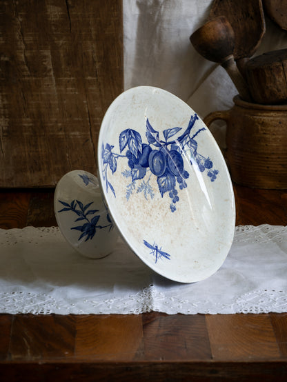 French Antique White Ironstone Compote Footed Dish with Blue Dragonfly & Floral Pattern