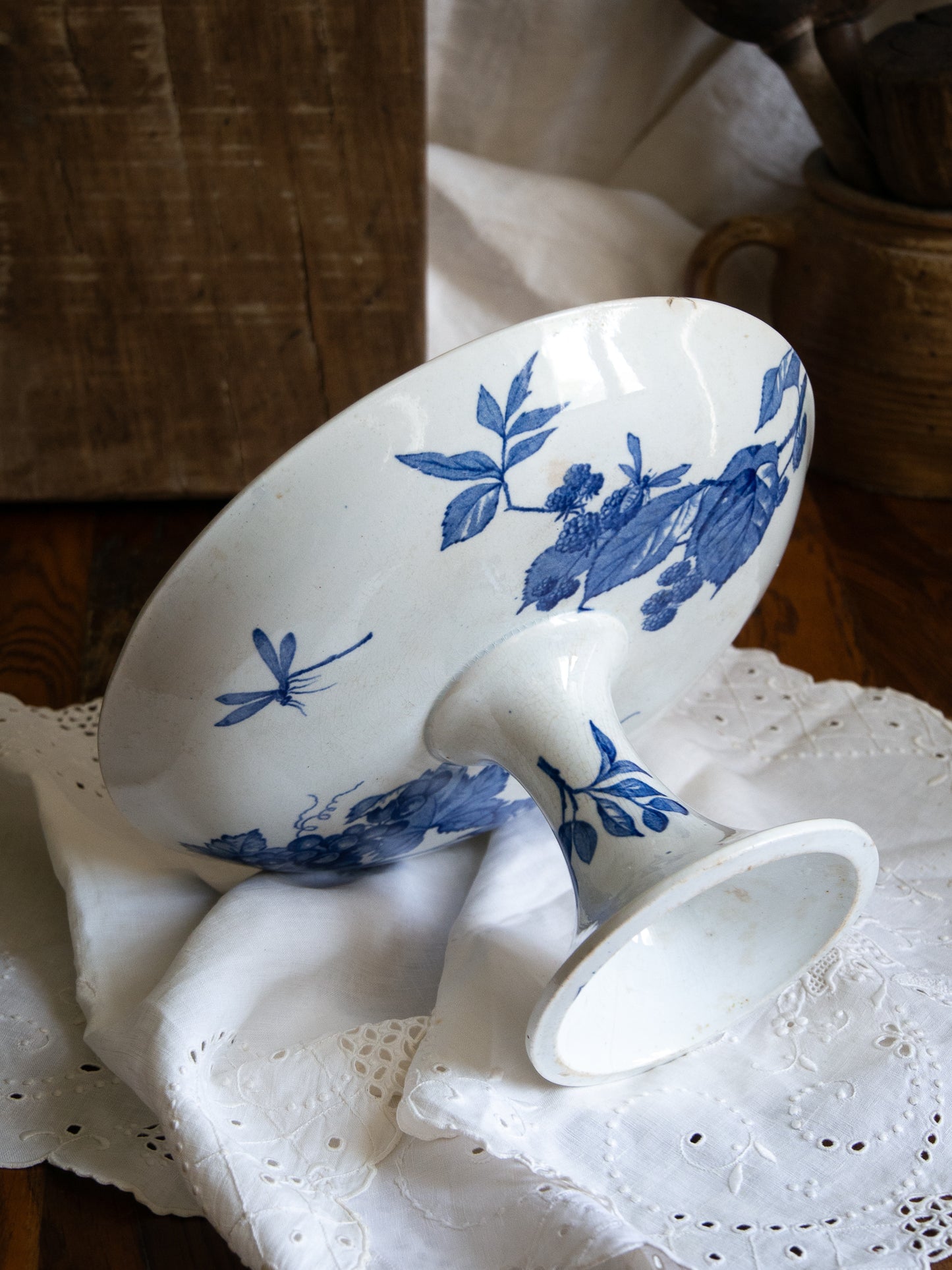French Antique White Ironstone Compote Footed Dish with Blue Dragonfly & Floral Pattern