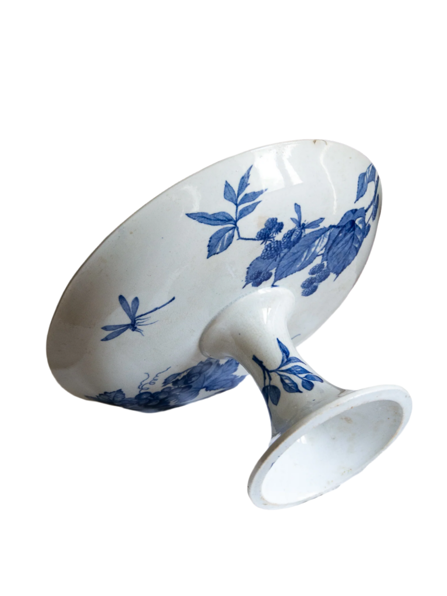 French Antique White Ironstone Compote Footed Dish with Blue Dragonfly & Floral Pattern