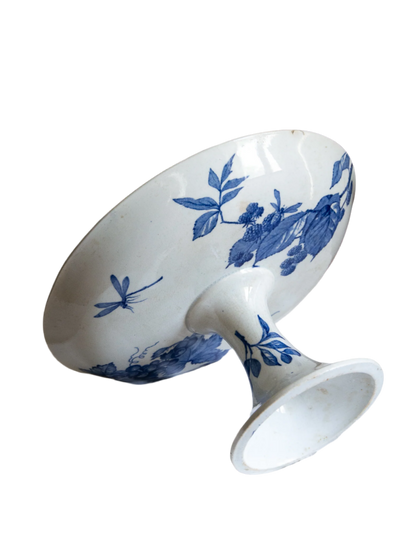French Antique White Ironstone Compote Footed Dish with Blue Dragonfly & Floral Pattern