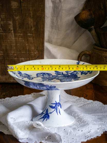 French Antique White Ironstone Compote Footed Dish with Blue Dragonfly & Floral Pattern