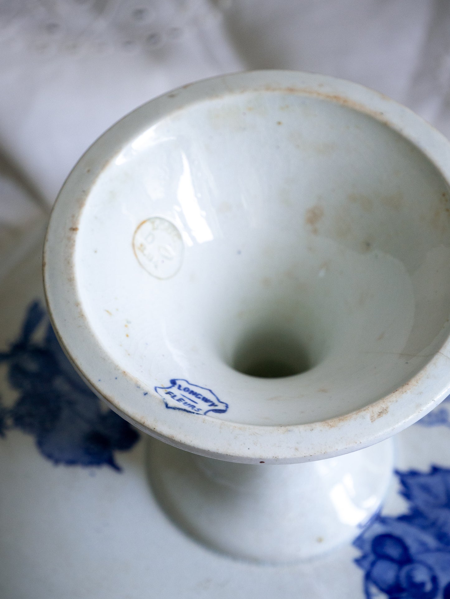 French Antique White Ironstone Compote Footed Dish with Blue Dragonfly & Floral Pattern