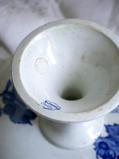 French Antique White Ironstone Compote Footed Dish with Blue Dragonfly & Floral Pattern