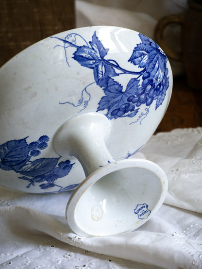 French Antique White Ironstone Compote Footed Dish with Blue Dragonfly & Floral Pattern