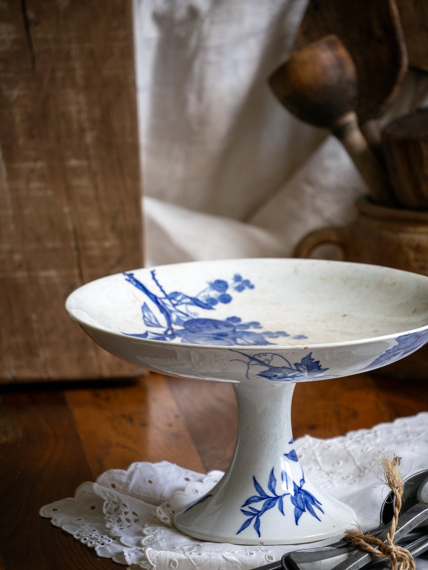 French Antique White Ironstone Compote Footed Dish with Blue Dragonfly & Floral Pattern
