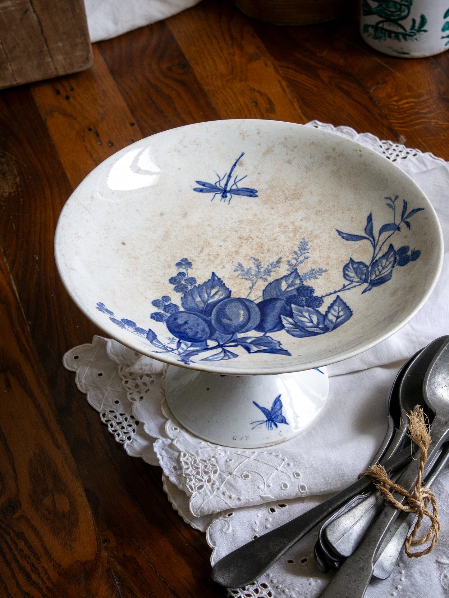 French Antique White Ironstone Compote Footed Dish with Blue Dragonfly & Floral Pattern