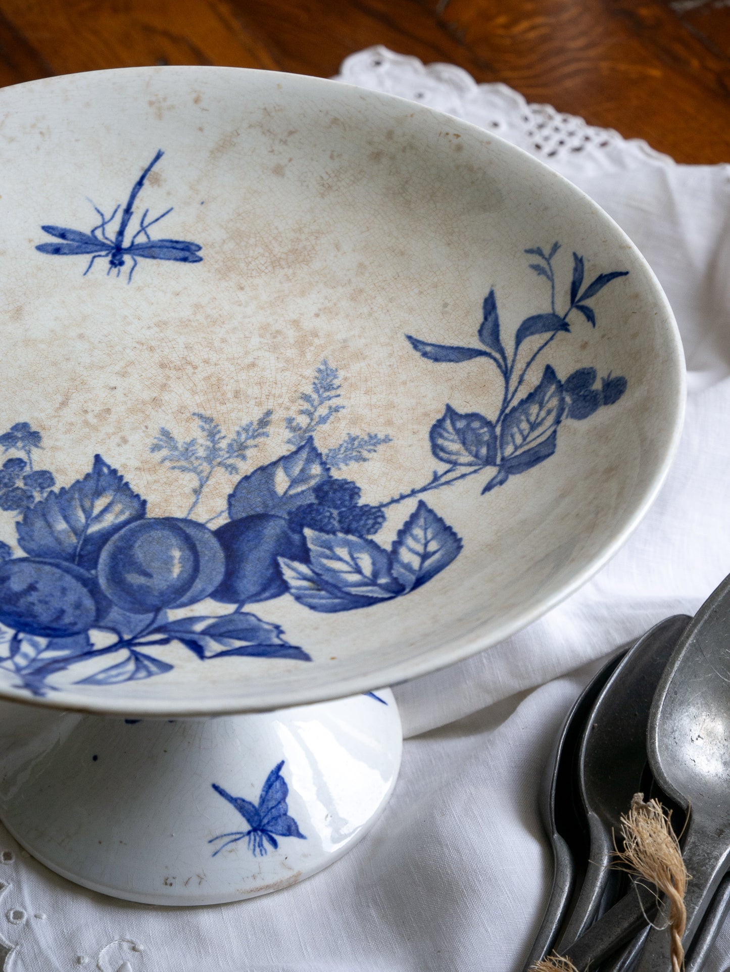 French Antique White Ironstone Compote Footed Dish with Blue Dragonfly & Floral Pattern
