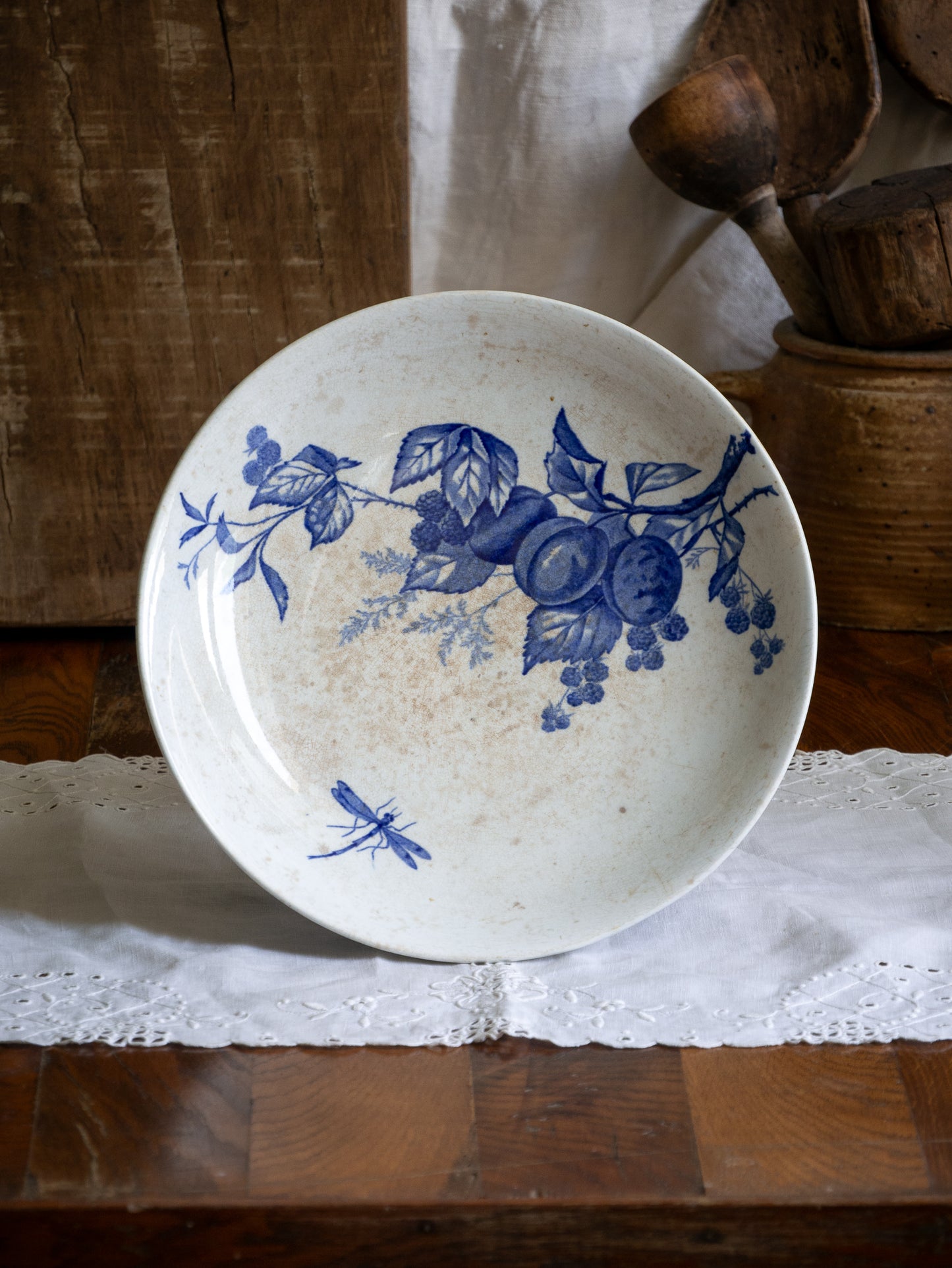 French Antique White Ironstone Compote Footed Dish with Blue Dragonfly & Floral Pattern