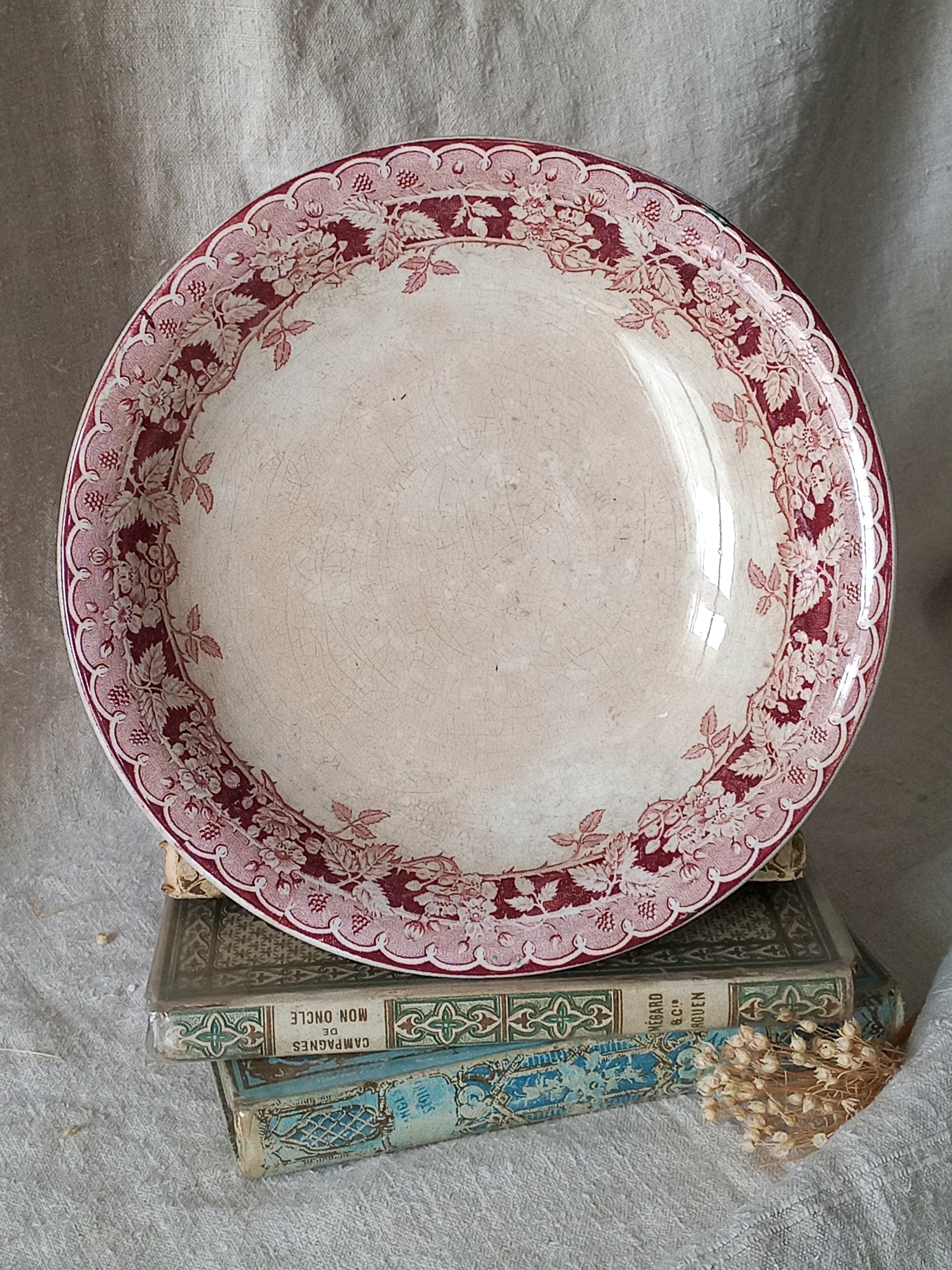 French antique ironstone/earthenware white patinated footed-dish with a pretty burgandy colour floral pattern