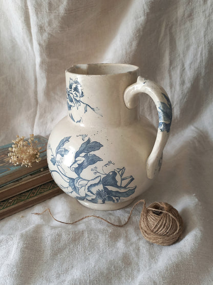 French Antique White Ironstone Jug Pitcher with Blue Floral Pattern