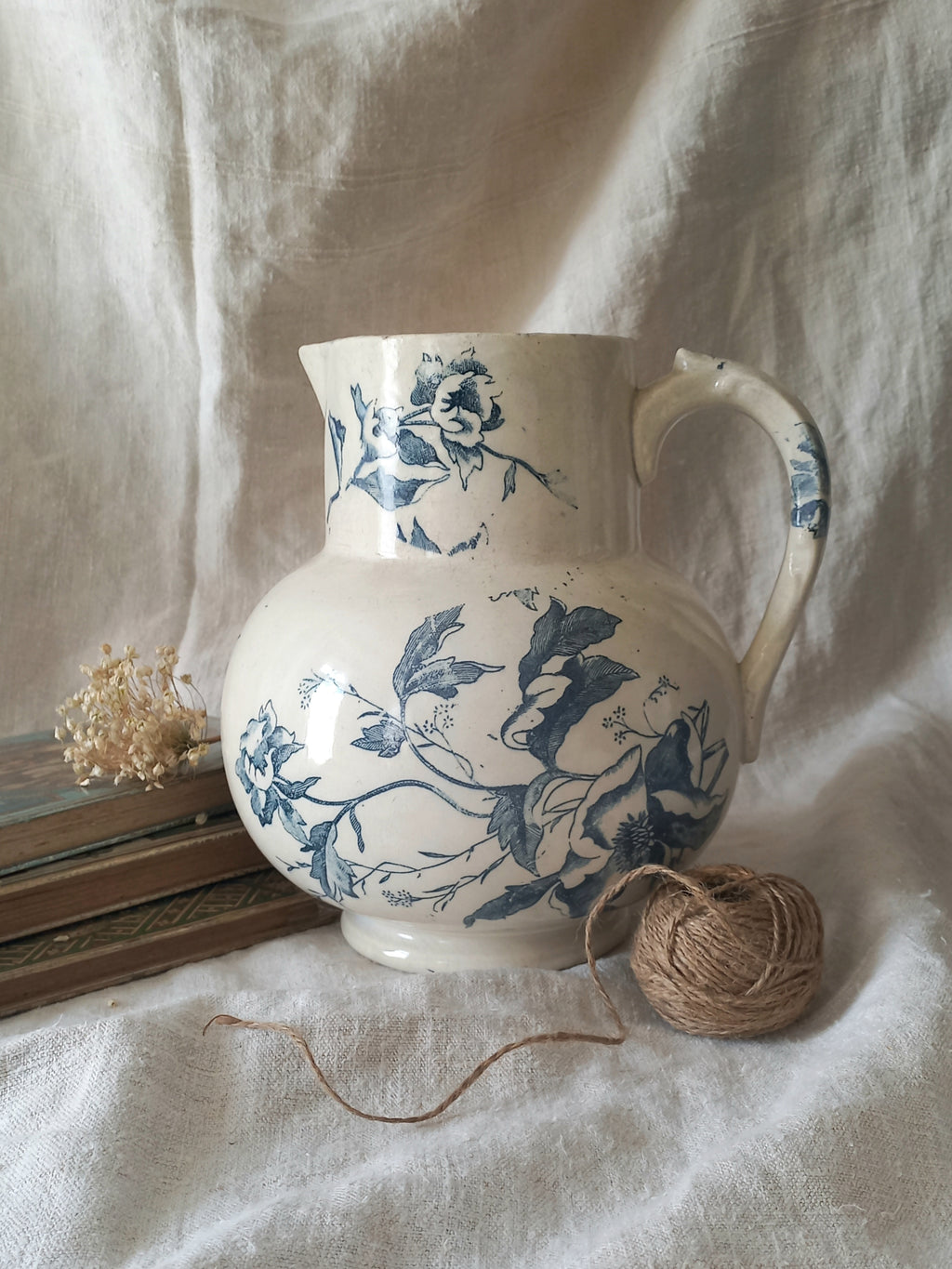 French Antique White Ironstone Jug Pitcher with Blue Floral Pattern