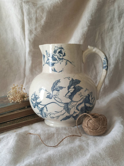 French Antique White Ironstone Jug Pitcher with Blue Floral Pattern