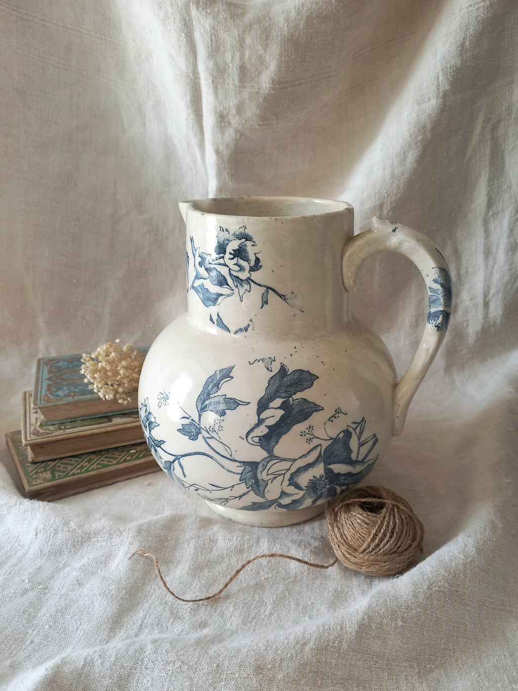 French Antique White Ironstone Jug Pitcher with Blue Floral Pattern