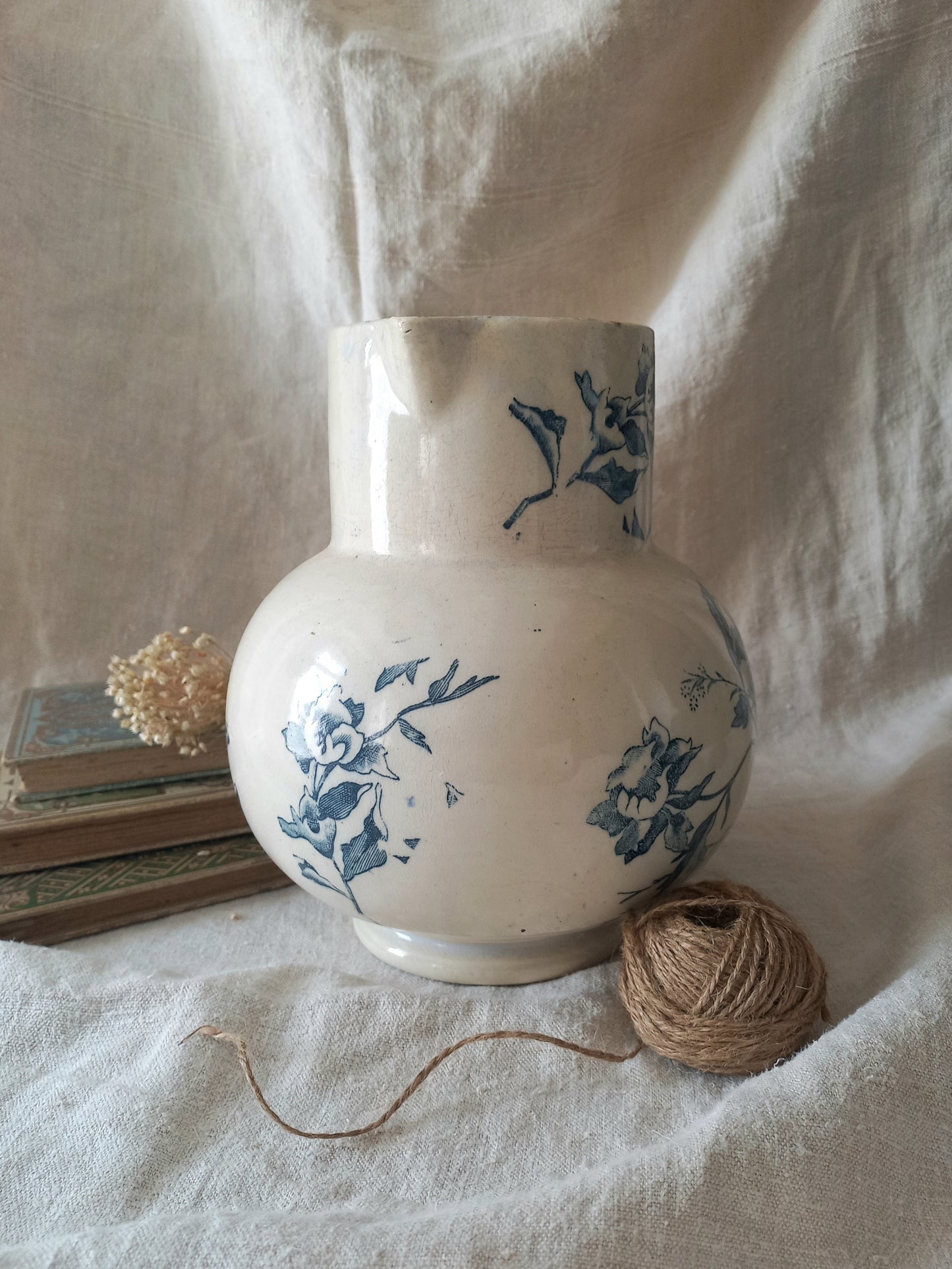 French Antique White Ironstone Jug Pitcher with Blue Floral Pattern