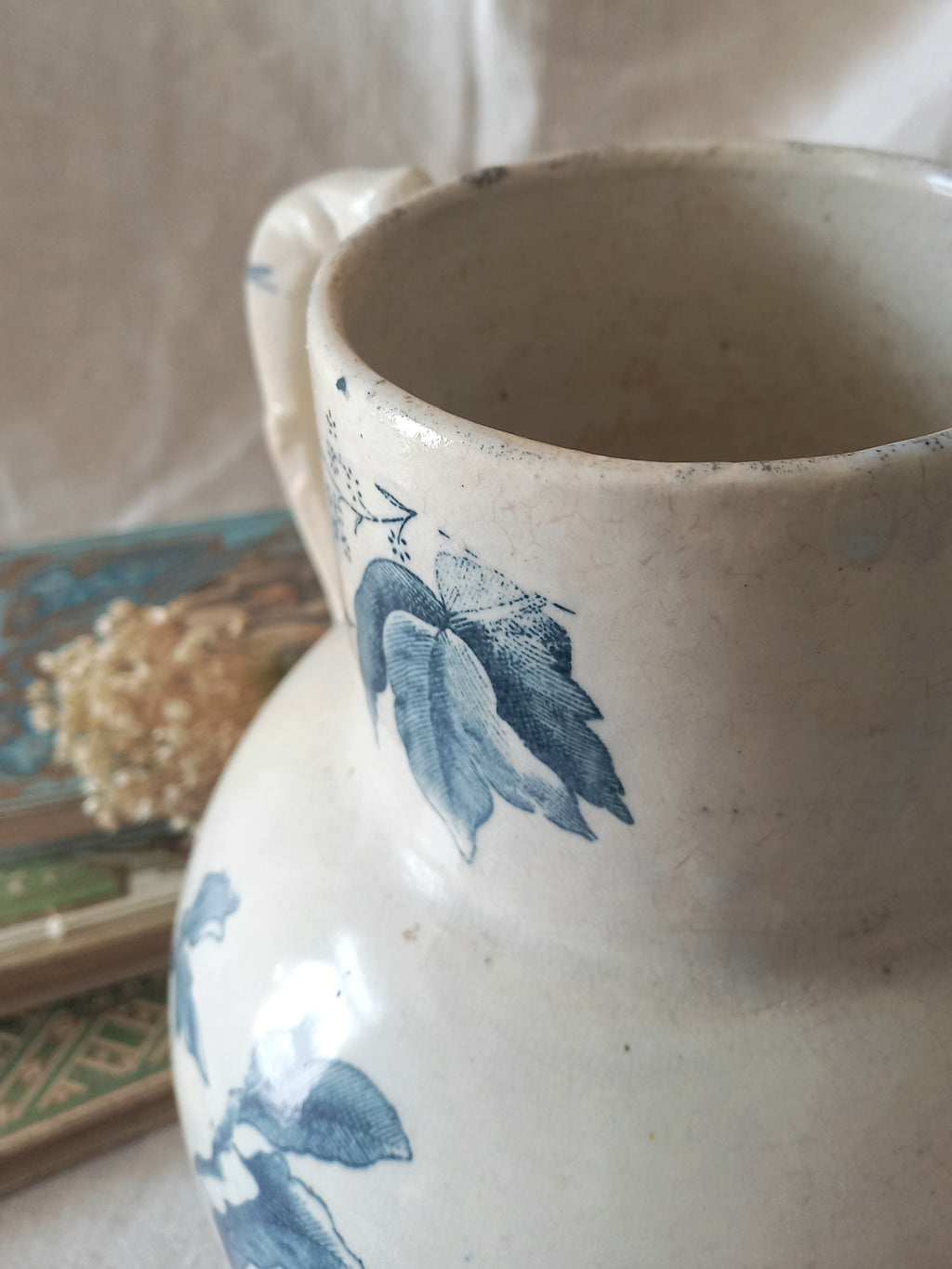 French Antique White Ironstone Jug Pitcher with Blue Floral Pattern