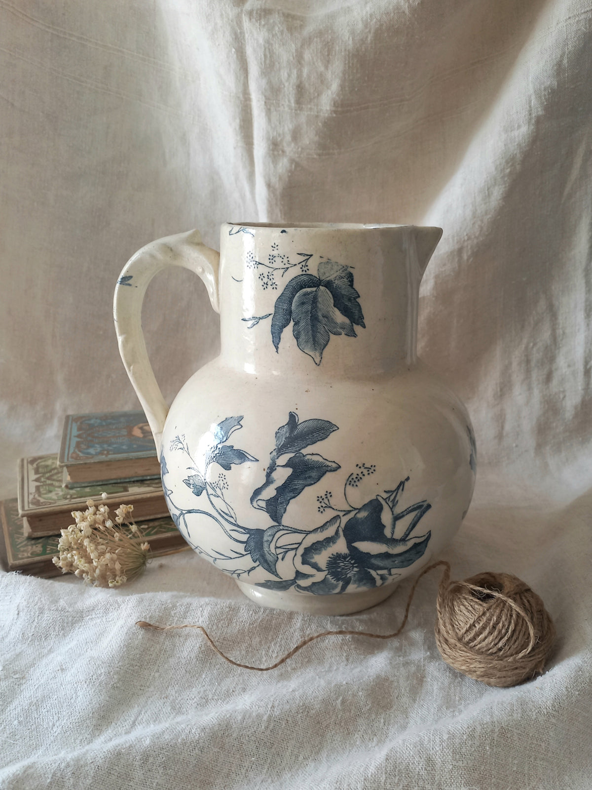 French Antique White Ironstone Jug Pitcher with Blue Floral Pattern
