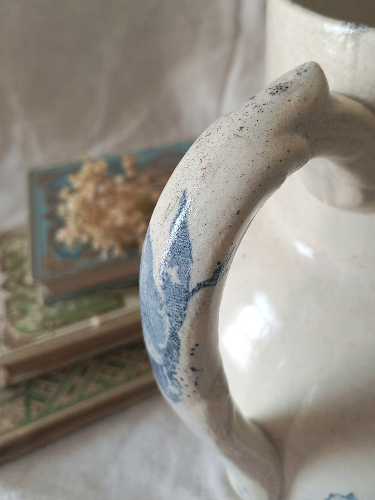 French Antique White Ironstone Jug Pitcher with Blue Floral Pattern