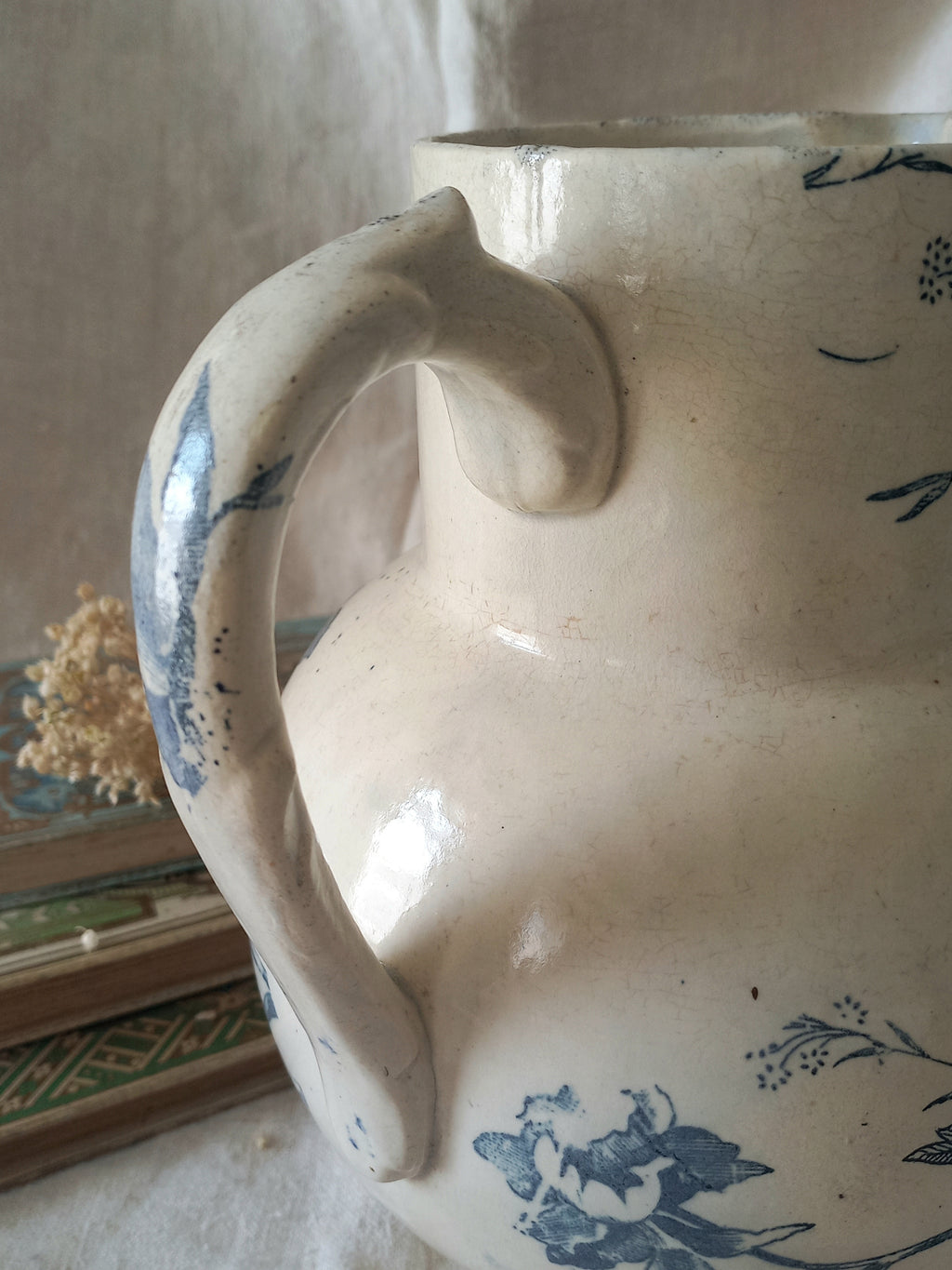 French Antique White Ironstone Jug Pitcher with Blue Floral Pattern
