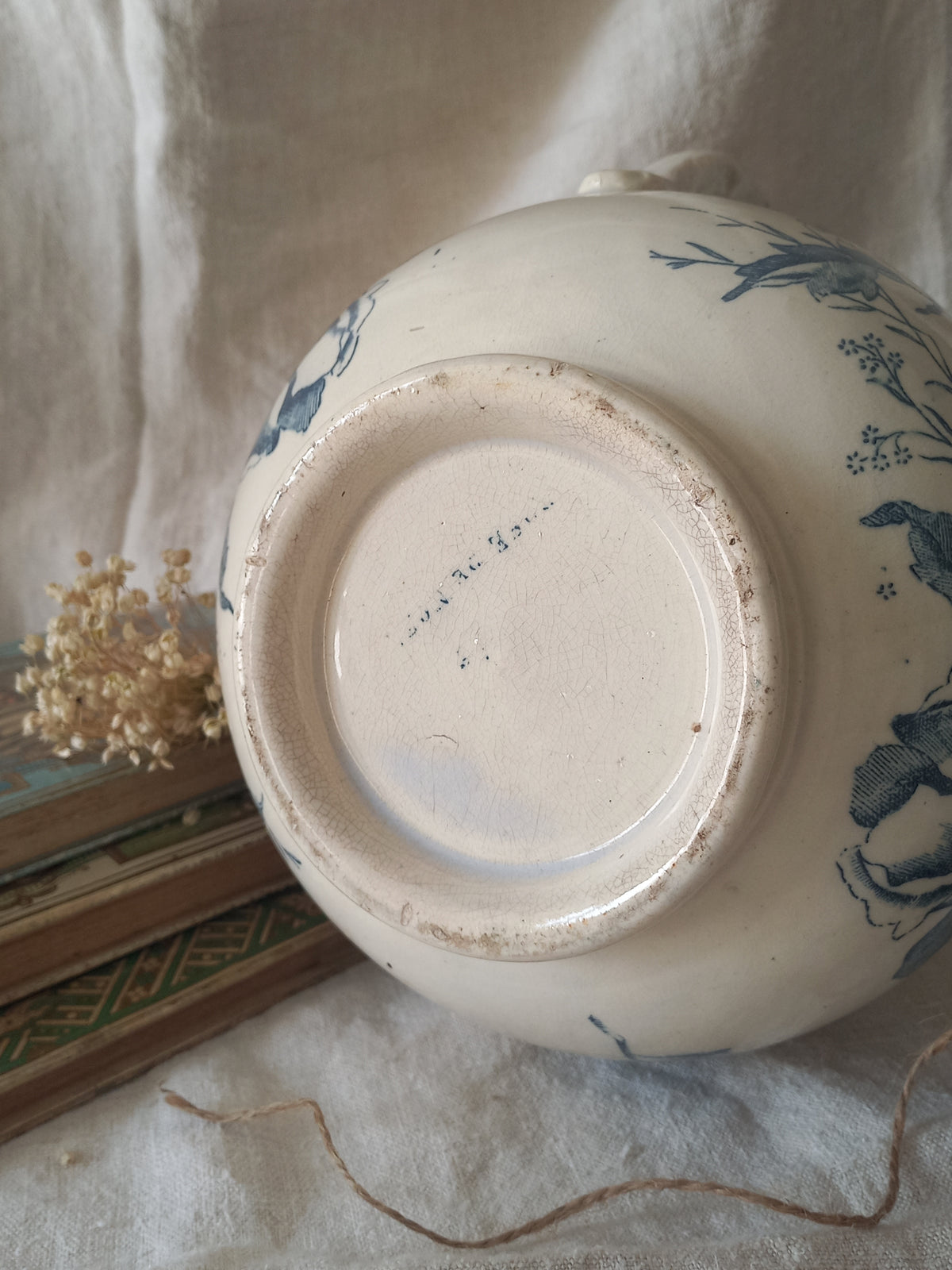 French Antique White Ironstone Jug Pitcher with Blue Floral Pattern
