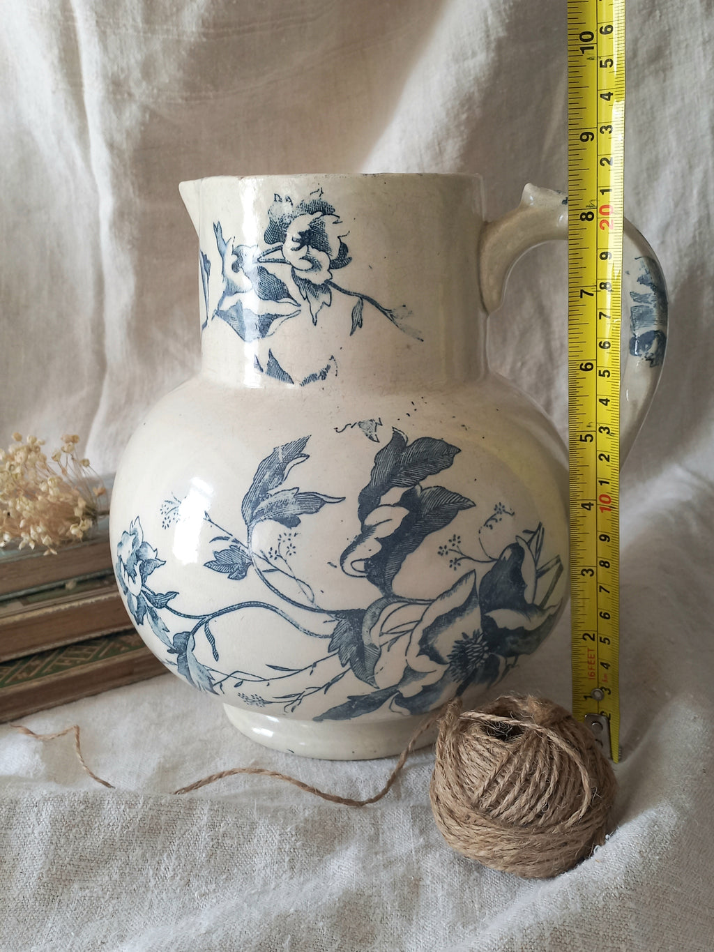 French Antique White Ironstone Jug Pitcher with Blue Floral Pattern