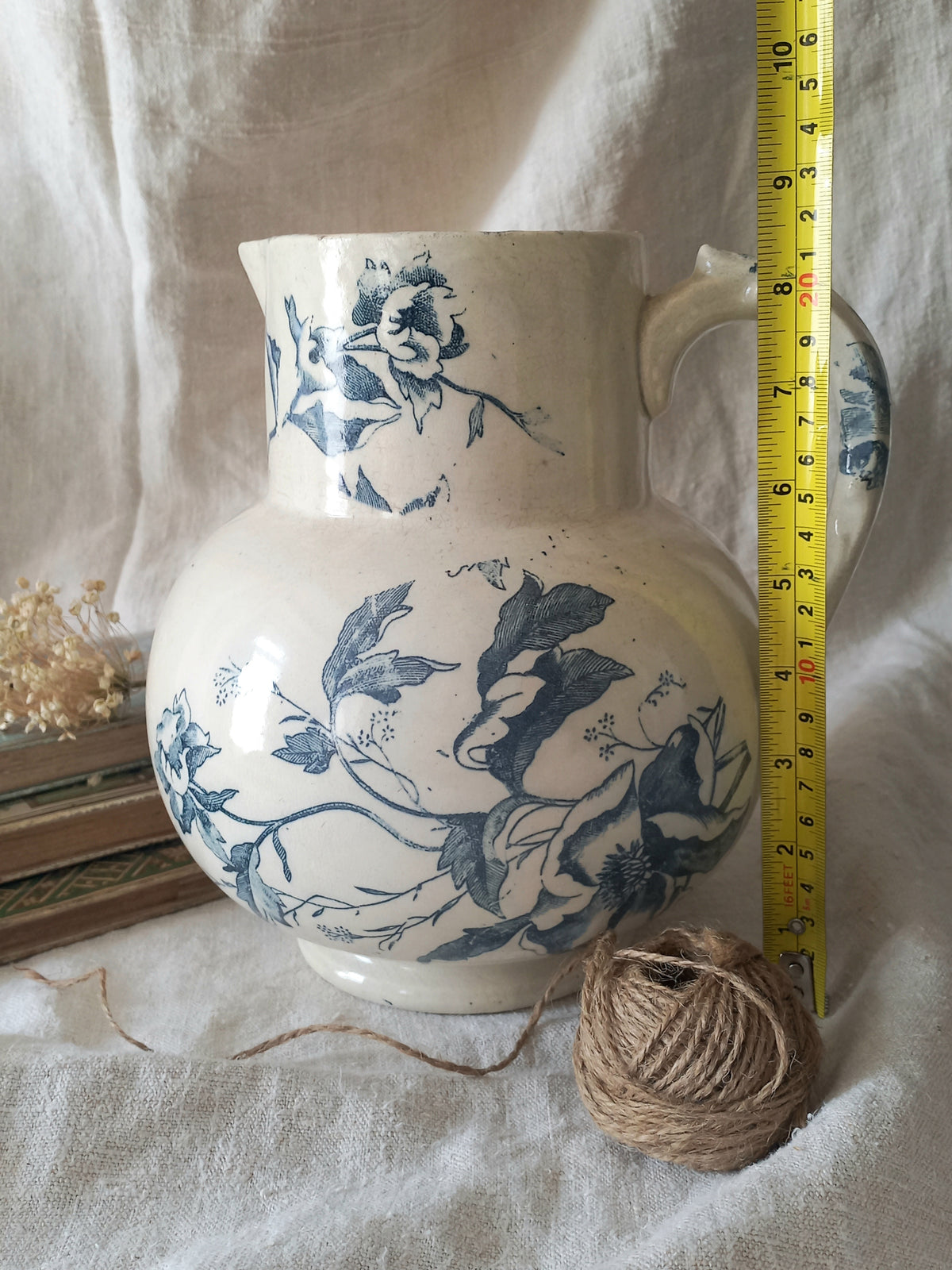French Antique White Ironstone Jug Pitcher with Blue Floral Pattern