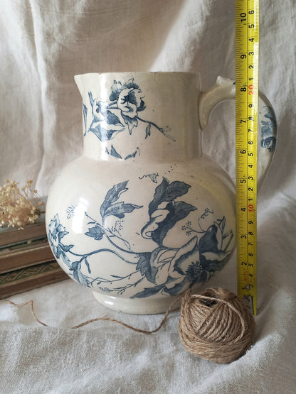 French Antique White Ironstone Jug Pitcher with Blue Floral Pattern