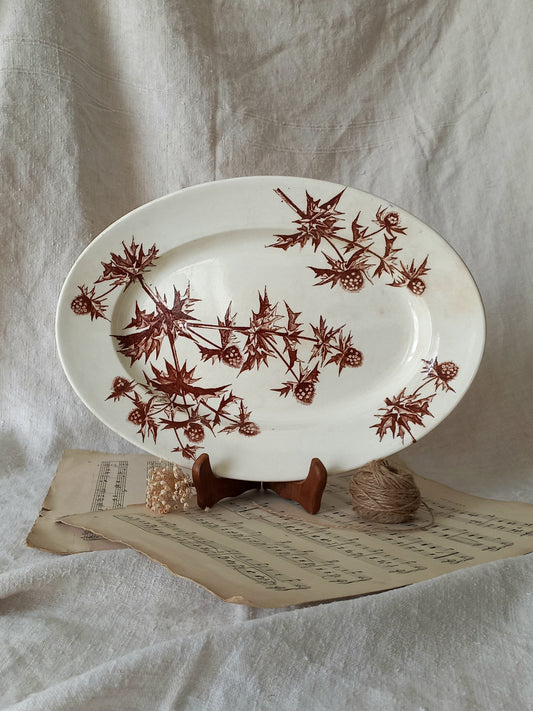 White plate with brown floral pattern on a textured surface