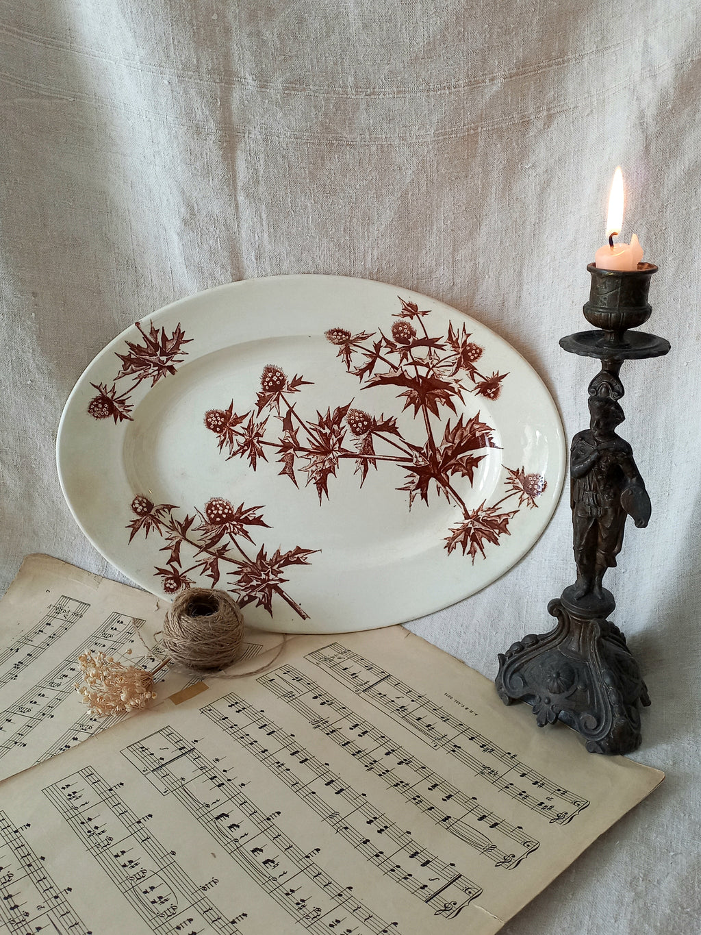 French Antique Oval Ironstone Plate or Platter with brown Floral Pattern