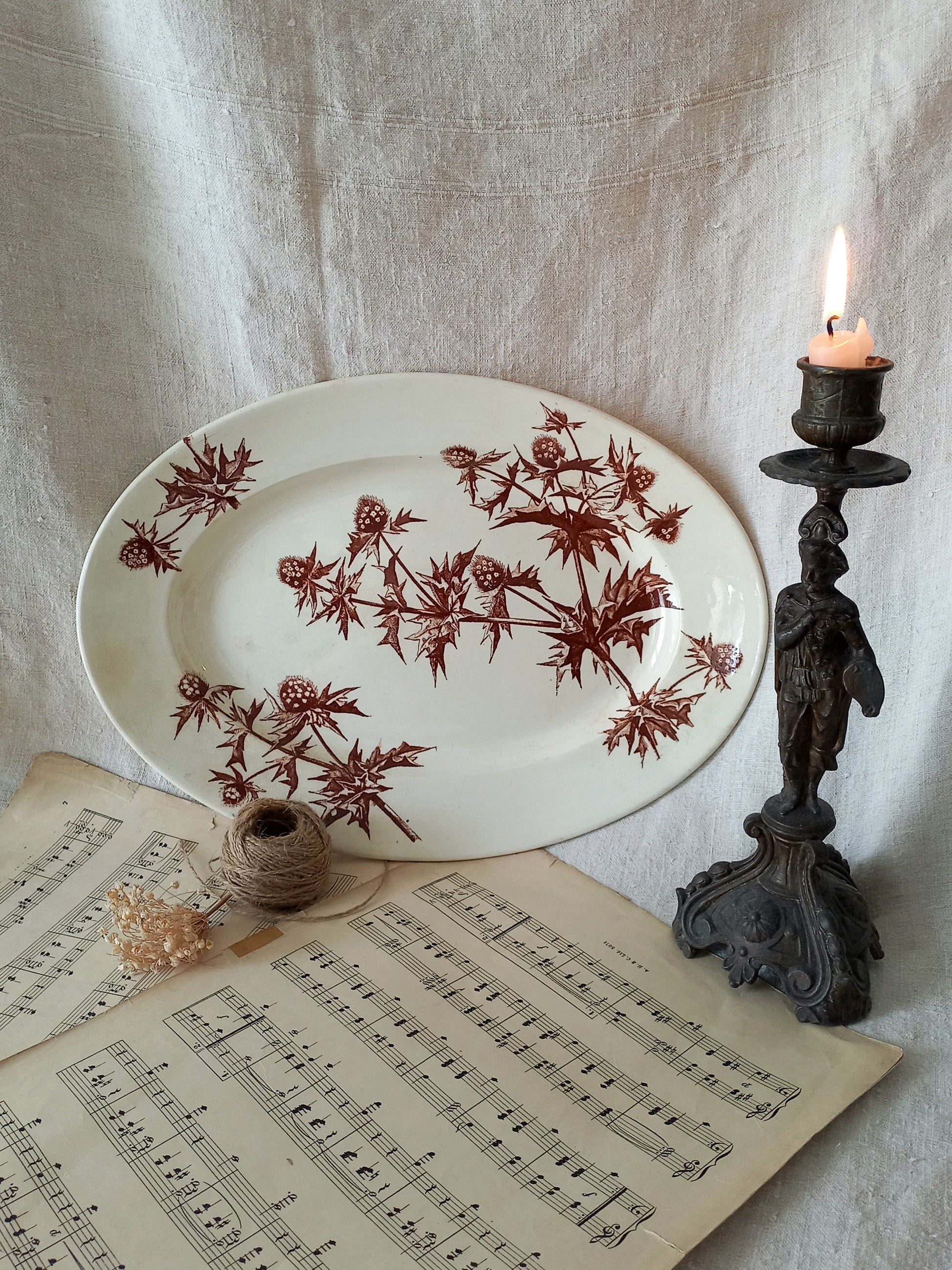 French Antique Oval Ironstone Plate or Platter with brown Floral Pattern