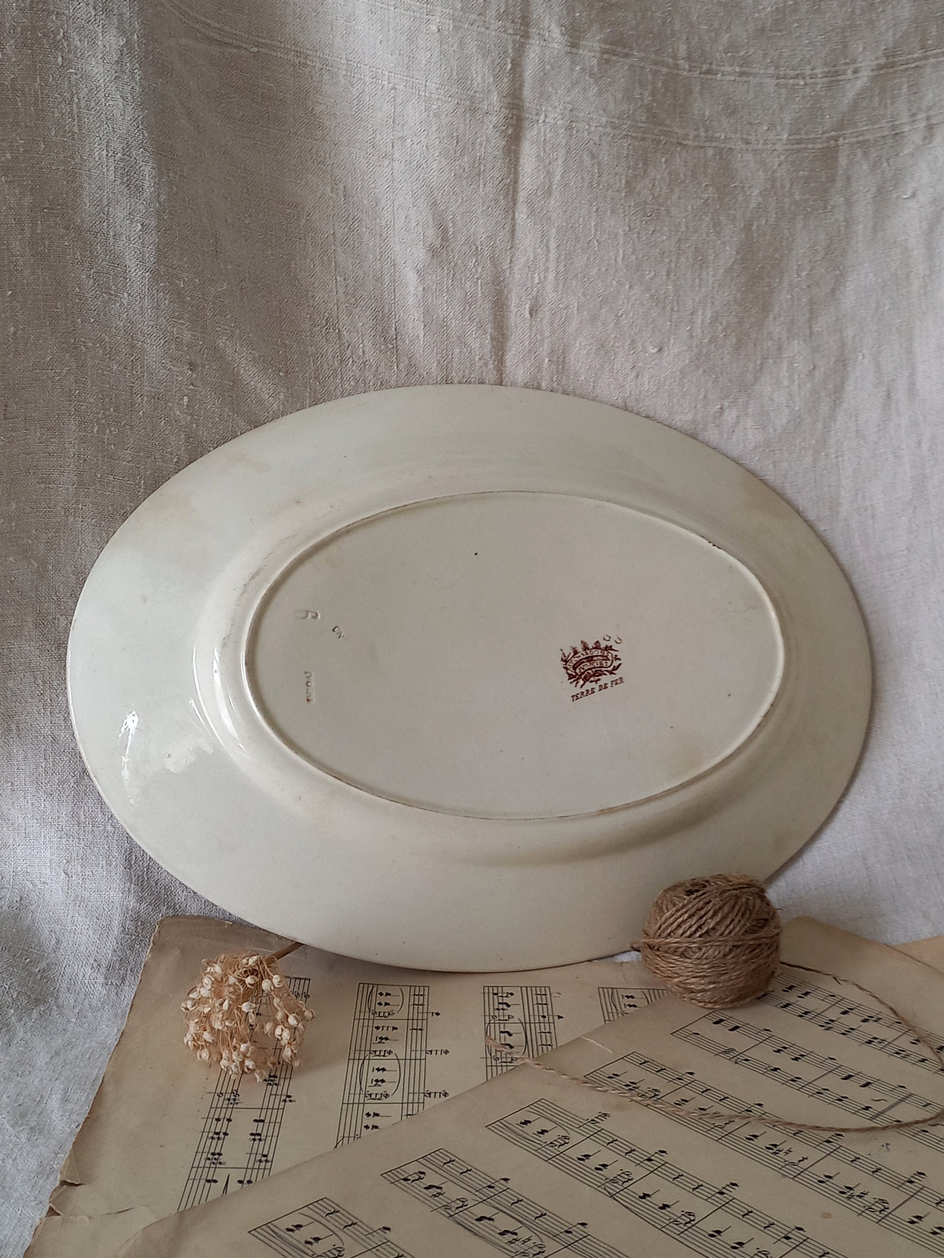 Rear of French Antique Oval Ironstone Plate or Platter with Brown Floral Pattern