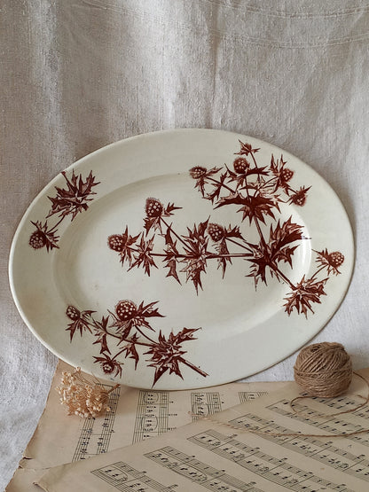 French Antique Oval Ironstone Plate or Platter with Brown Floral Pattern