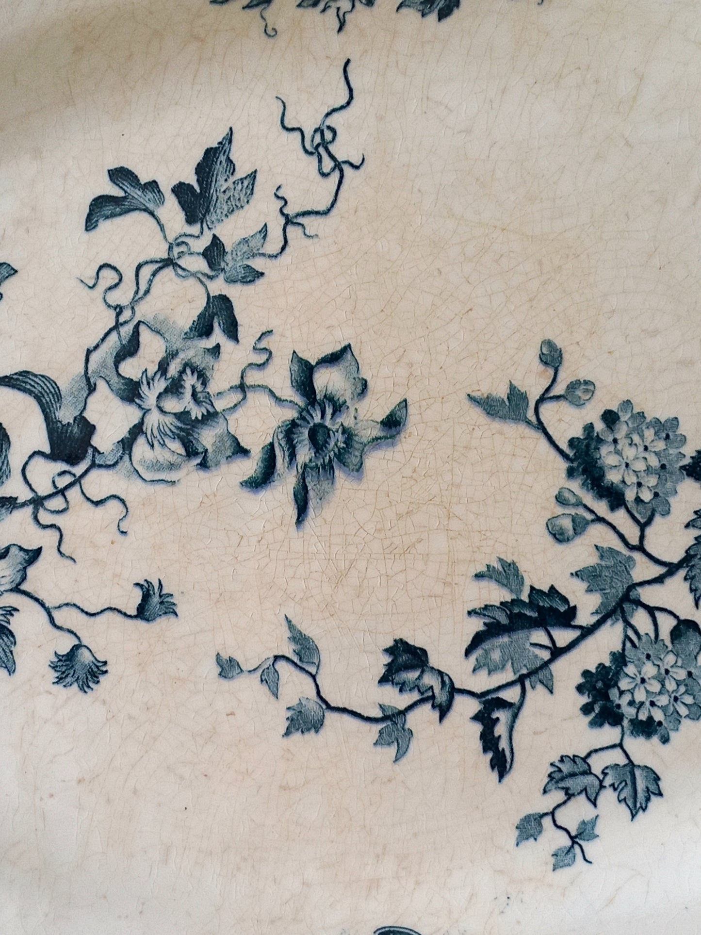 French Antique Ironstone Oval Plate with Blue Floral Pattern and Patina of Age