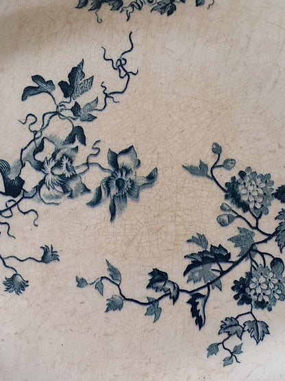 French Antique Ironstone Oval Plate with Blue Floral Pattern and Patina of Age