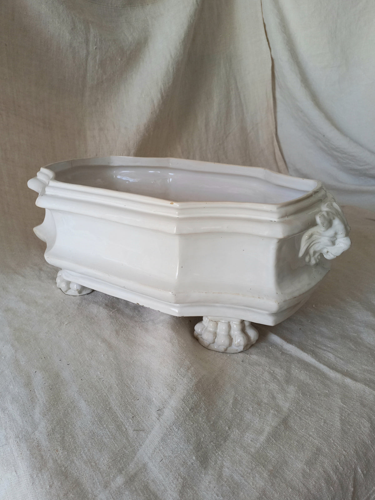 Close-up detail of antique white ceramic planter with a lion head relief on the front and claw-footed base, set against a draped beige fabric background.