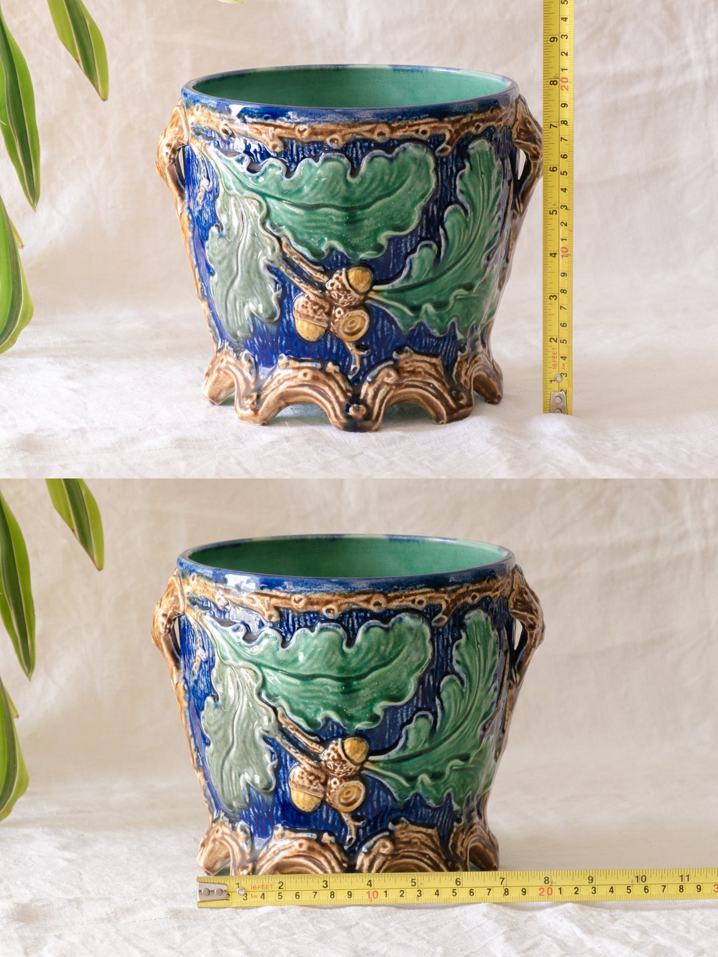 A stunning pair of French antique majolica planters, absolutely glorious fresh blue and green colours with oak leafs and acorns in relief making these stunning pieces of interior home decor wherever you decide to display them.

One of the planters has an antique repair in the form of metal staples that have been expertly done from the inside - in the 1800s and early 1900s this was quite a common repair to have made on items of high value and we feel it only adds to the authenticity/story of these pieces.
