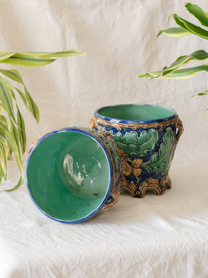 Pair of French Antique Majolica Planters, Large Decorative Blue and Green Pots