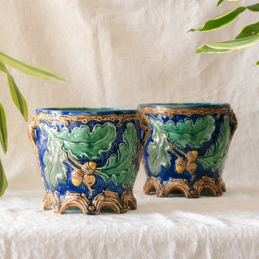 A stunning pair of French antique majolica planters, absolutely glorious fresh blue and green colours with oak leafs and acorns in relief making these stunning pieces of interior home decor wherever you decide to display them.

One of the planters has an antique repair in the form of metal staples that have been expertly done from the inside - in the 1800s and early 1900s this was quite a common repair to have made on items of high value and we feel it only adds to the authenticity/story of these pieces.