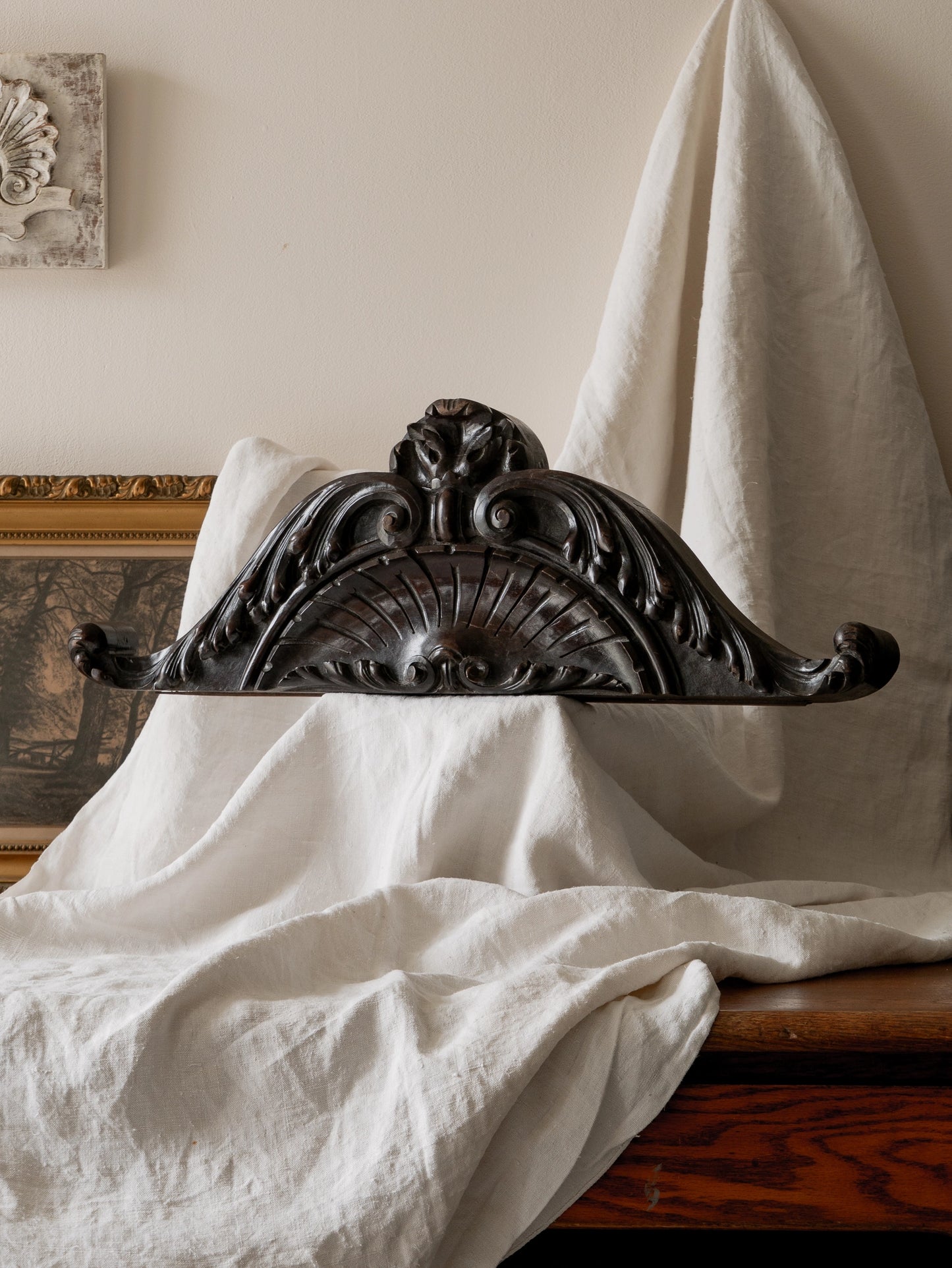 A stunning French antique carved dark wooden furniture pediment highly decorative and expertly crafted by a carpenter - this is a very heavy, quality piece and will look fabulous in any interior.