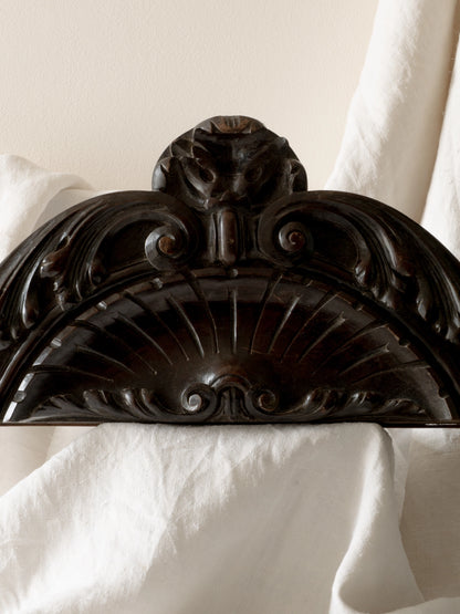A stunning French antique carved dark wooden furniture pediment highly decorative and expertly crafted by a carpenter - this is a very heavy, quality piece and will look fabulous in any interior.