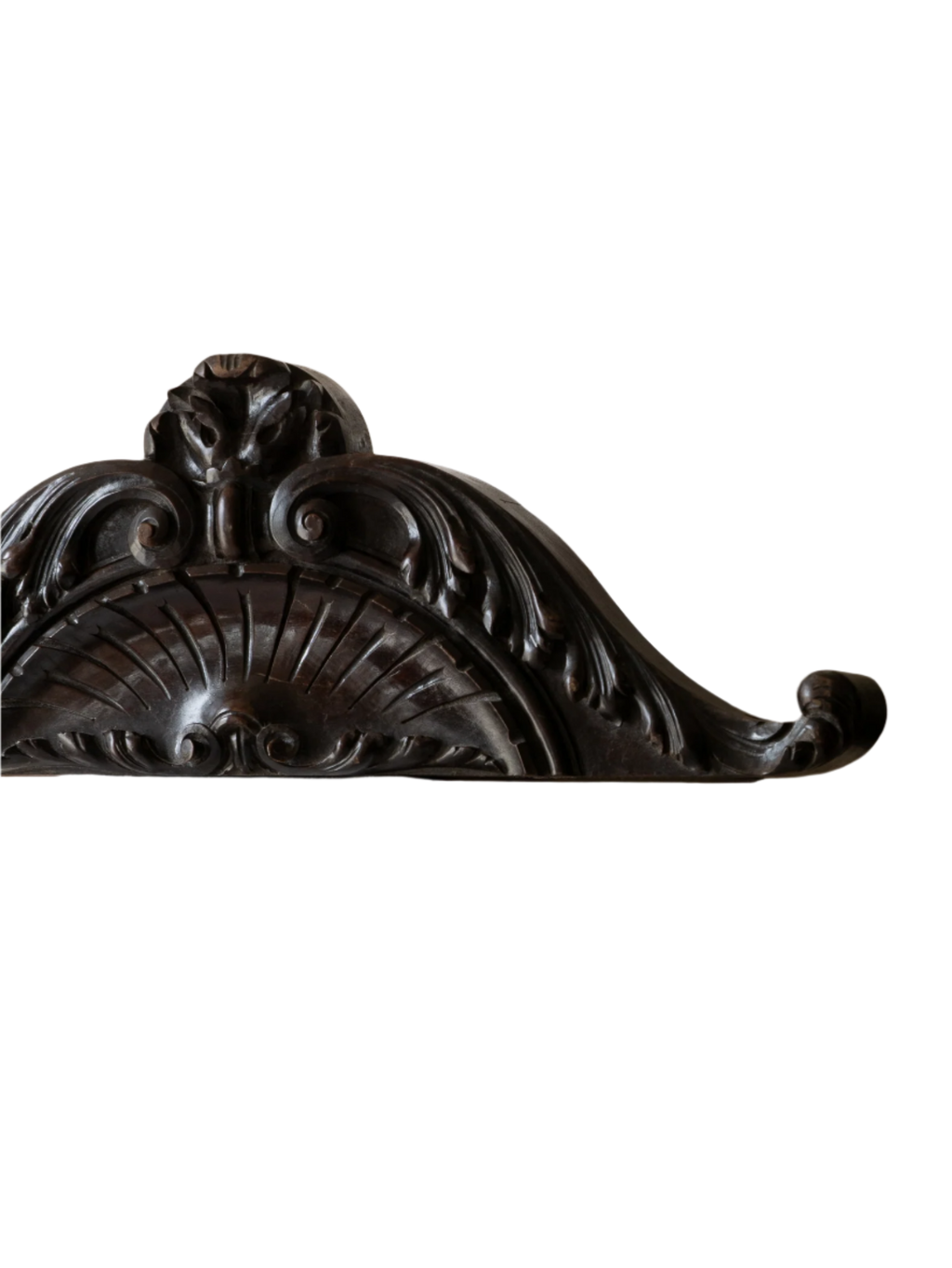 A stunning French antique carved dark wooden furniture pediment highly decorative and expertly crafted by a carpenter - this is a very heavy, quality piece and will look fabulous in any interior.
