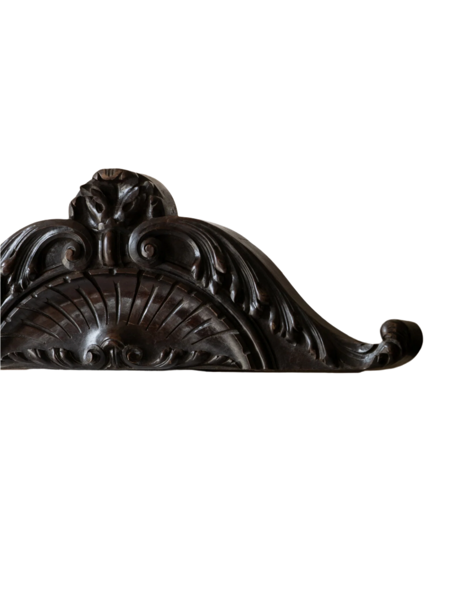A stunning French antique carved dark wooden furniture pediment highly decorative and expertly crafted by a carpenter - this is a very heavy, quality piece and will look fabulous in any interior.