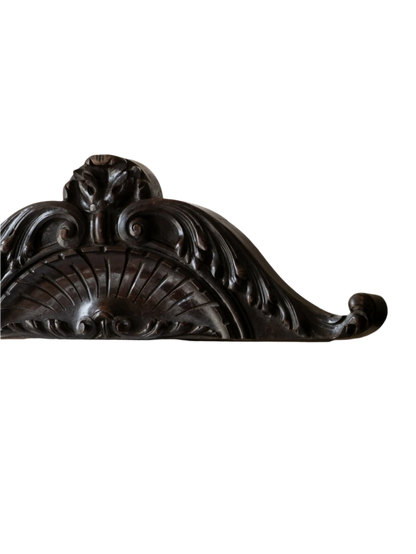 A stunning French antique carved dark wooden furniture pediment highly decorative and expertly crafted by a carpenter - this is a very heavy, quality piece and will look fabulous in any interior.