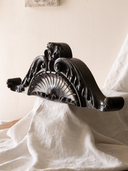 A stunning French antique carved dark wooden furniture pediment highly decorative and expertly crafted by a carpenter - this is a very heavy, quality piece and will look fabulous in any interior.